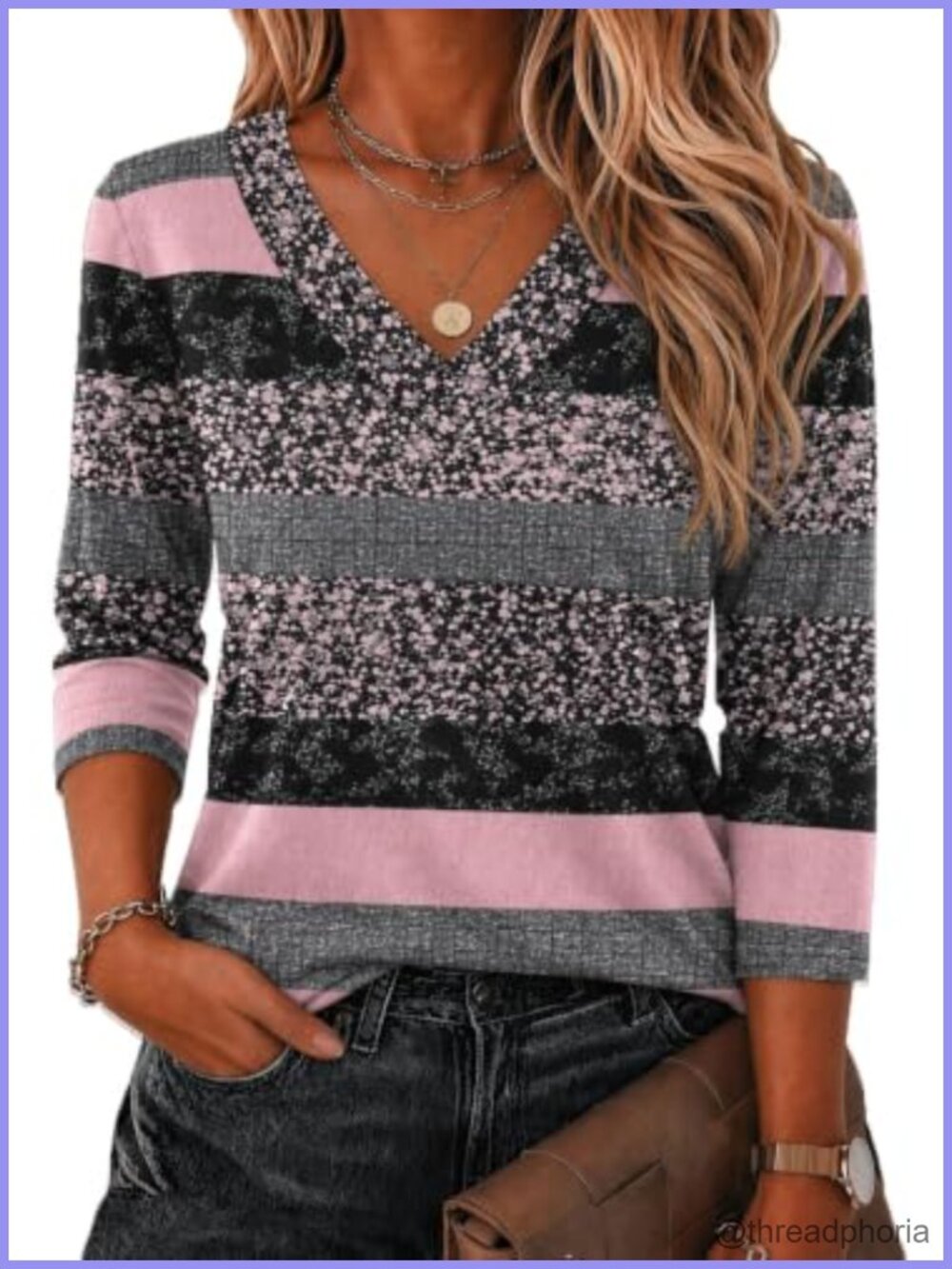 Women's 3/4 Sleeve V-Neck Blouse Casual Loose Fit Tunic Top